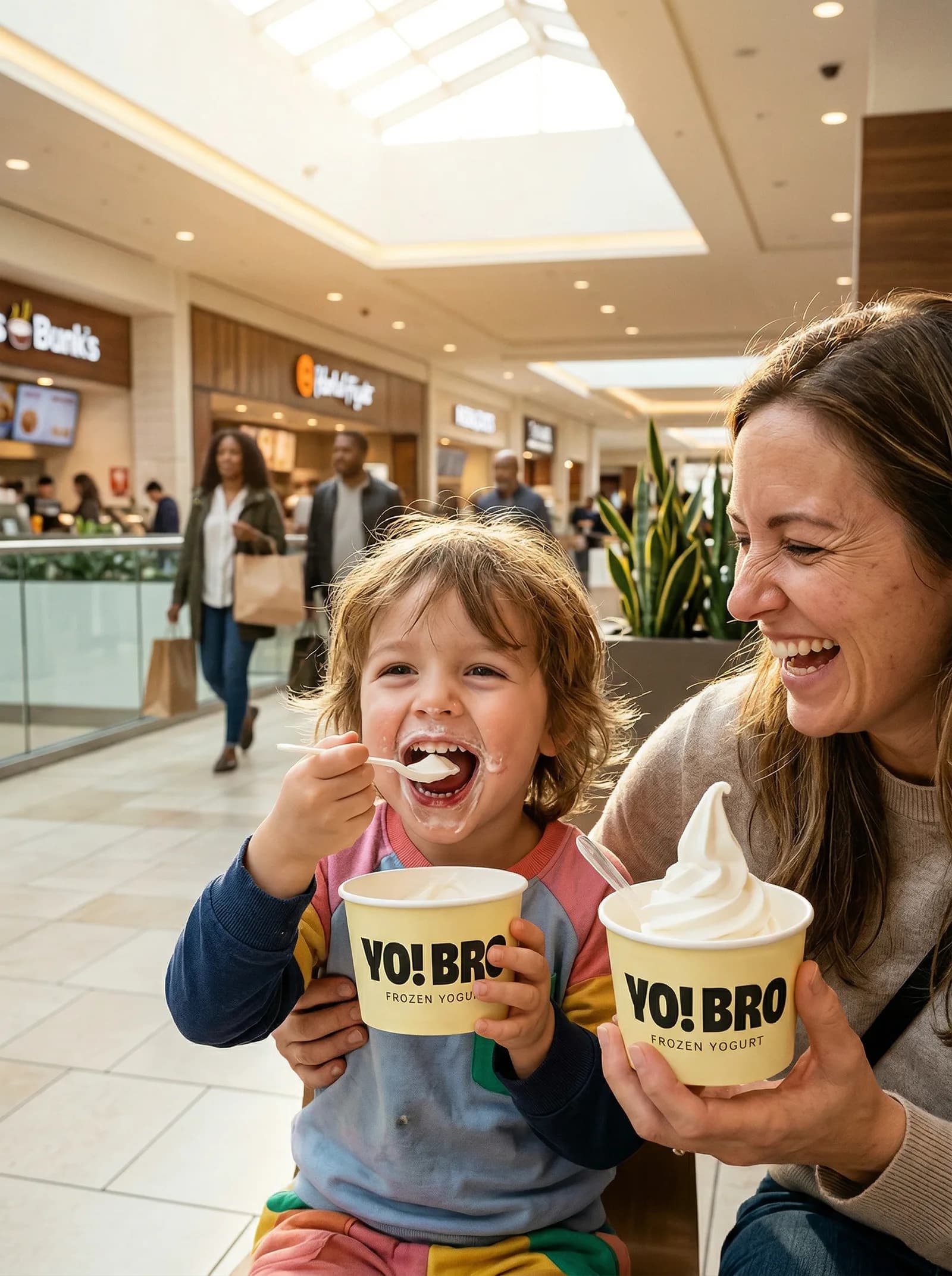 Family enjoying YO! BRO frozen yogurt at a shopping mall